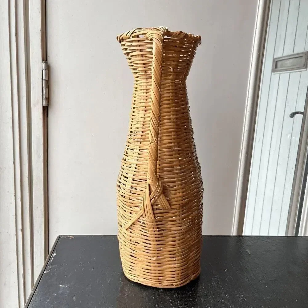 Vintage Handwoven Wicker Amphora-Style Vase with Twisted Handles